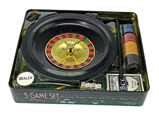 Покерный набор + рулетка (5 в 1) (33×29×7 см) (вес фишки 4 гр d-39 мм) купить в интернет магазине подарков ПраздникШоп