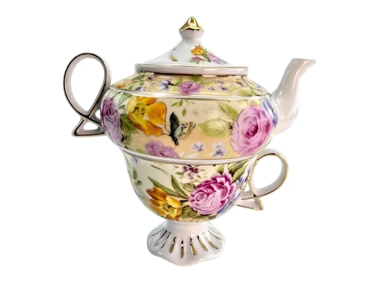 Сервиз фарфор (3TA1073-4) 1 чайник + 1 чашка «Цветы на желтом фоне» (200/400 мл чашка/чайник) купить в интернет магазине подарков ПраздникШоп