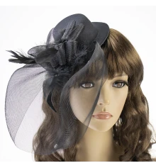 Шляпка Гламур с бутоньеркой и вуалью (черная) купить в интернет магазине подарков ПраздникШоп