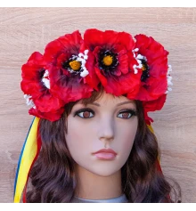 Украинский веночек с лентами на ободке Рута с большими маками 3264 купить в интернет магазине подарков ПраздникШоп