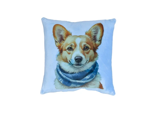 Подушка плюшевая Корги в Шарфе размер 35*35 см голубая (61377) купить в интернет магазине подарков ПраздникШоп