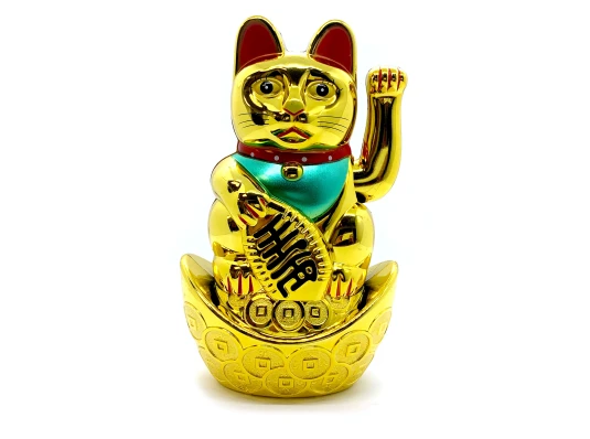 Кошка Манэки-нэко машущая лапой на чаше богатства (18×11×7 см) купить в интернет магазине подарков ПраздникШоп