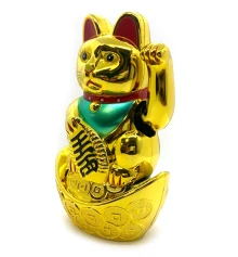 Кошка Манэки-нэко машущая лапой на чаше богатства (18×11×7 см) купить в интернет магазине подарков ПраздникШоп