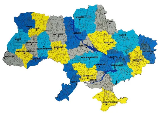 Деревянный пазл "Карта Украины" желто-голубая купить в интернет магазине подарков ПраздникШоп