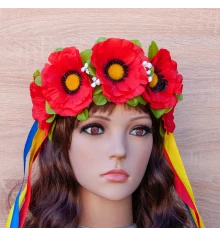 Украинский веночек на ободке с лентами Пава с красными маками 4143 купить в интернет магазине подарков ПраздникШоп