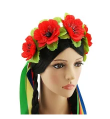 Украинский веночек на ободке с лентами Пава с красными маками 4143 купить в интернет магазине подарков ПраздникШоп