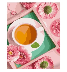 Картина по номерам ПРЕМИУМ Чай в розовых оттенках с лаком и с уровнем размером 40х50 см (GS1384) купить в интернет магазине подарков ПраздникШоп