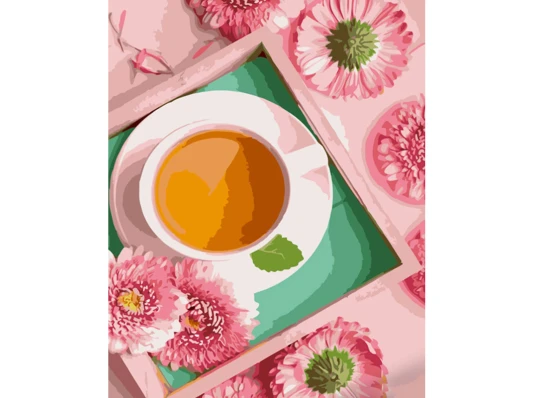 Картина по номерам ПРЕМИУМ Чай в розовых оттенках с лаком и с уровнем размером 40х50 см (GS1384) купить в интернет магазине подарков ПраздникШоп