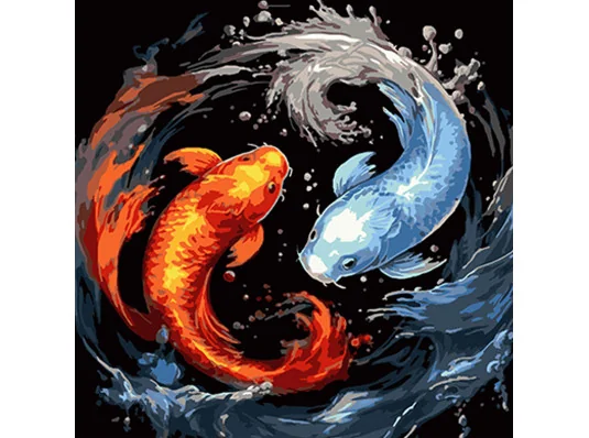 Картина по номерам ПРЕМИУМ Символический образ рыб на черном фоне размером 40х40 см (AV4040-50) купить в интернет магазине подарков ПраздникШоп