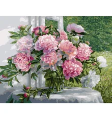 Картина по номерам ПРЕМИУМ Букет розовых пионов у окна с лаком размером 40х50 см VA-1509 купить в интернет магазине подарков ПраздникШоп