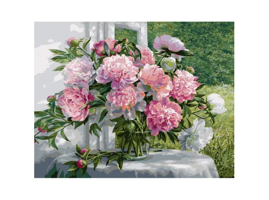 Картина по номерам ПРЕМИУМ Букет розовых пионов у окна с лаком размером 40х50 см VA-1509 купить в интернет магазине подарков ПраздникШоп