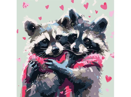 Картина по номерам ПРЕМИУМ Объятия енотов на черном фоне размером 30х30 см (SH3030-26) купить в интернет магазине подарков ПраздникШоп