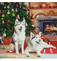 Картина по номерам ПРЕМИУМ Хаски у камина размером 40х40 см (FF-1004) купить в интернет магазине подарков ПраздникШоп