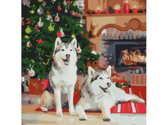 Картина по номерам ПРЕМИУМ Хаски у камина размером 40х40 см (FF-1004) купить в интернет магазине подарков ПраздникШоп