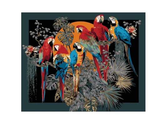 Картина по номерам ПРЕМИУМ Стая попугаев на черном фоне размером 40х50 см (AH1230-19) купить в интернет магазине подарков ПраздникШоп