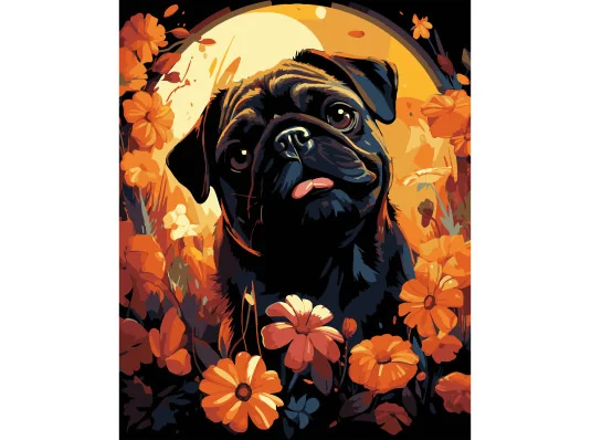 Картина по номерам ПРЕМИУМ Мопс в цветах на черном фоне размером 40х50 см (AH1228-18) купить в интернет магазине подарков ПраздникШоп