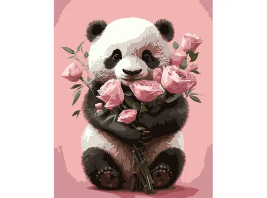 Картина по номерам ПРЕМИУМ Панда с букетом роз на черном фоне размером 40х50 см (AH1221-17) купить в интернет магазине подарков ПраздникШоп
