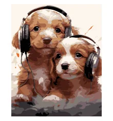 Картина по номерам ПРЕМИУМ Щенки в наушниках на черном фоне размером 40х50 см (AH1218-19) купить в интернет магазине подарков ПраздникШоп