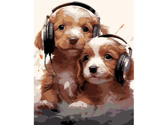 Картина по номерам ПРЕМИУМ Щенки в наушниках на черном фоне размером 40х50 см (AH1218-19) купить в интернет магазине подарков ПраздникШоп