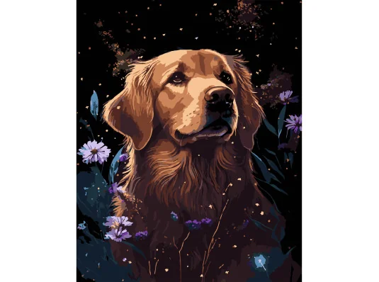 Картина по номерам ПРЕМИУМ Ретривер в цветах на черном фоне размером 40х50 см (AH1207-17) купить в интернет магазине подарков ПраздникШоп
