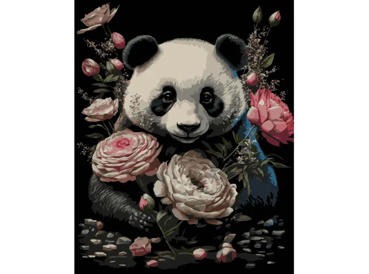 Картина по номерам ПРЕМИУМ Панда с цветами на черном фоне размером 40х50 см (AH1200-19) купить в интернет магазине подарков ПраздникШоп