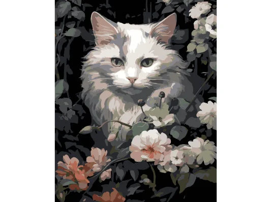 Картина по номерам ПРЕМИУМ Кот в цветах на черном фоне размером 40х50 см (AH1191-17) купить в интернет магазине подарков ПраздникШоп