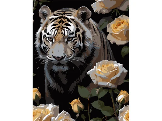 Картина по номерам ПРЕМИУМ Тигр в розах на черном фоне размером 40х50 см (AH1180-19) купить в интернет магазине подарков ПраздникШоп