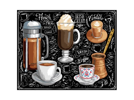 Картина по номерам ПРЕМИУМ Мир кофе на черном фоне размером 40х50 см (AH1173-19) купить в интернет магазине подарков ПраздникШоп