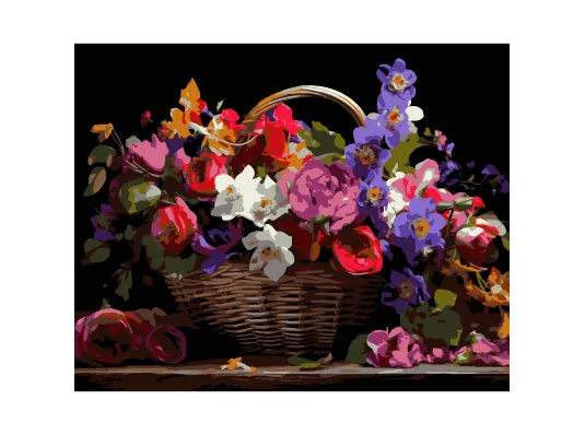 Картина по номерам ПРЕМИУМ Корзина разноцветных цветов на черном фоне размером 40х50 см (AH1213-19) купить в интернет магазине подарков ПраздникШоп