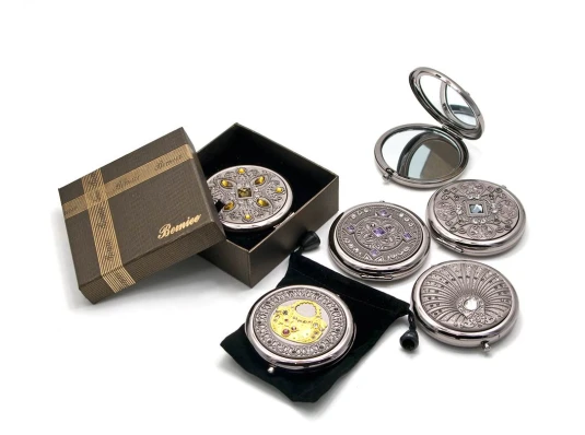 Зеркальце косметическое «Узор с камнями» «хром» (d-7 см) (в коробке + чехольчик) купить в интернет магазине подарков ПраздникШоп