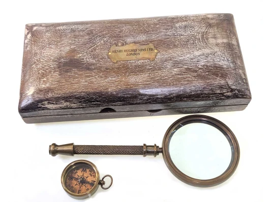 Лупа с компасом в деревянном футляре (23.5×11×4 см) Лупа (d-8 см купить в интернет магазине подарков ПраздникШоп