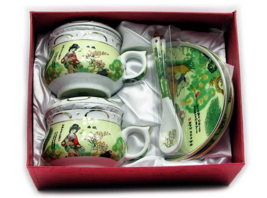 Сервиз фарфор (190мл) (2GBC-A77SP) 2чашки+2блюдца+2ложки «Девушка на салатном фоне» (h-6 см купить в интернет магазине подарков ПраздникШоп