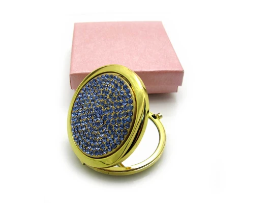 Зеркальце косметическое «Стразы» золото 18583 «Синий» (в коробке + чехольчик) купить в интернет магазине подарков ПраздникШоп