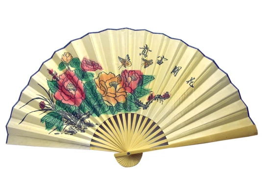 Веер бамбук с шелком «Пионы на светло-желтом фоне» купить в интернет магазине подарков ПраздникШоп