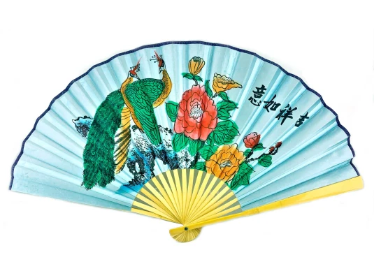 Веер бамбук с шелком «Павлины на голубом фоне» купить в интернет магазине подарков ПраздникШоп