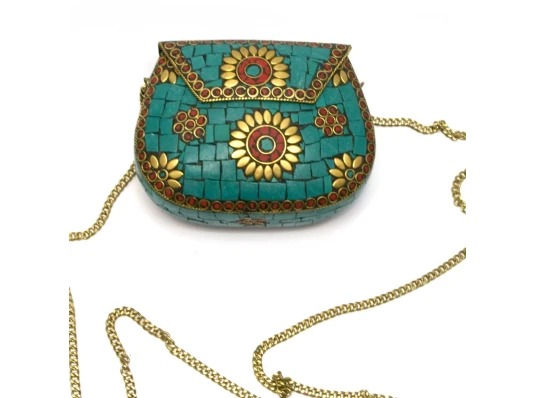Сумочка бронзовая с кораллами и бирюзой зеленая (13.5×10×5 см) купить в интернет магазине подарков ПраздникШоп