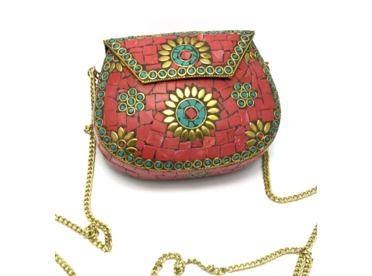 Сумочка бронзовая с кораллами и бирюзой красная (13.5×10×5 см) купить в интернет магазине подарков ПраздникШоп