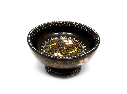 Конфетница расписная из цельного дерева инкрустированная перламутром (d-24 h-13 см) купить в интернет магазине подарков ПраздникШоп