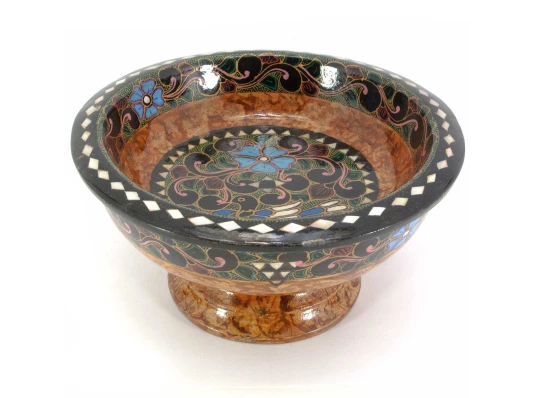 Конфетница из цельного дерева инкрустированная перламутром (d-19.5 см h-10 см) купить в интернет магазине подарков ПраздникШоп