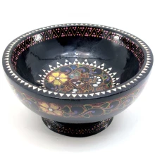 Конфетница расписная из цельного дерева инкрустированная перламутром (d-20.5 h-11 см) купить в интернет магазине подарков ПраздникШоп