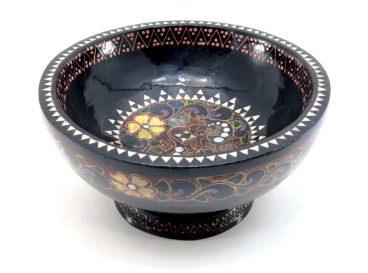 Конфетница расписная из цельного дерева инкрустированная перламутром (d-20.5 h-11 см) купить в интернет магазине подарков ПраздникШоп