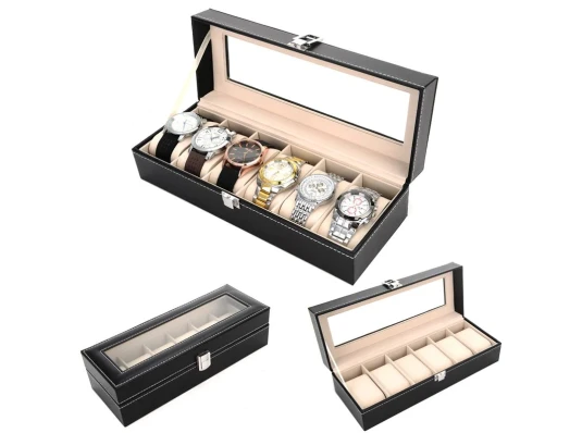 Шкатулка для часов гладкая черная кожа (30.5×11×8 см) купить в интернет магазине подарков ПраздникШоп