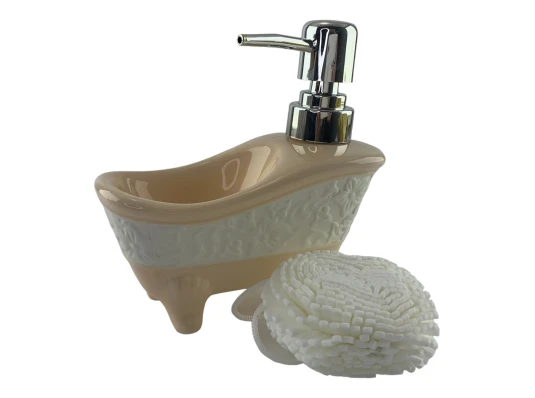 Диспенсер для мыла с мочалкой «Ванна» кремовый (14×14×7 см) купить в интернет магазине подарков ПраздникШоп