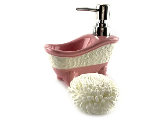Диспенсер для мыла с мочалкой «Ванна» розовый (14×14×7 см) купить в интернет магазине подарков ПраздникШоп