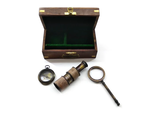 Лупа с компасом и подзорная труба в деревянном футляре (16.5×9.5×7.5 см) A купить в интернет магазине подарков ПраздникШоп