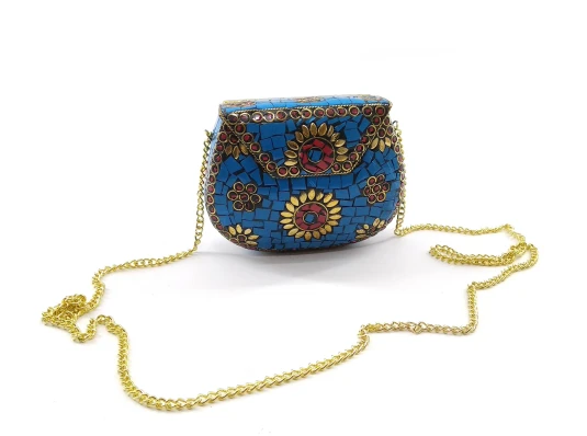 Сумочка бронзовая с кораллами и бирюзой синяя (13.5×10×5 см) купить в интернет магазине подарков ПраздникШоп