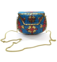 Сумочка бронзовая с кораллами и бирюзой синяя (16×12×5.5 см) купить в интернет магазине подарков ПраздникШоп