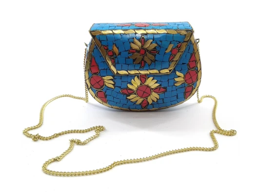 Сумочка бронзовая с кораллами и бирюзой синяя (16×12×5.5 см) купить в интернет магазине подарков ПраздникШоп