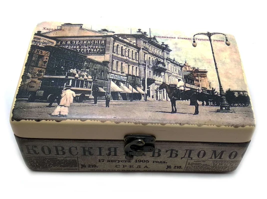 Шкатулка «Старый Харьков Николаевская площадь» (20.5×12.5×8 см) из массива дерева купить в интернет магазине подарков ПраздникШоп