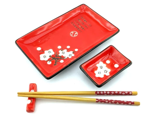 Сервиз для суши «Белая сакура на красном фоне» (28×14 см) (1 персона) купить в интернет магазине подарков ПраздникШоп